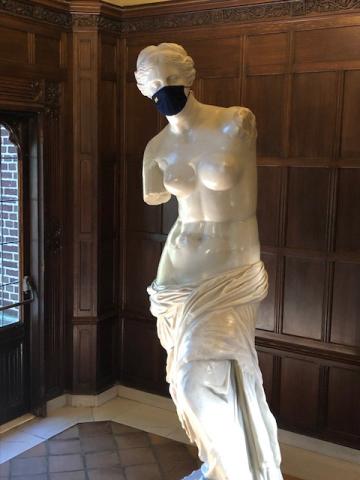 Statue of Venus wearing a block M mask.